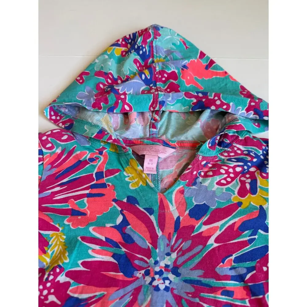 Lilly Pulitzer Girls Medium 6-7 Teal Floral Hooded Swim Cover-Up 100% Cotton